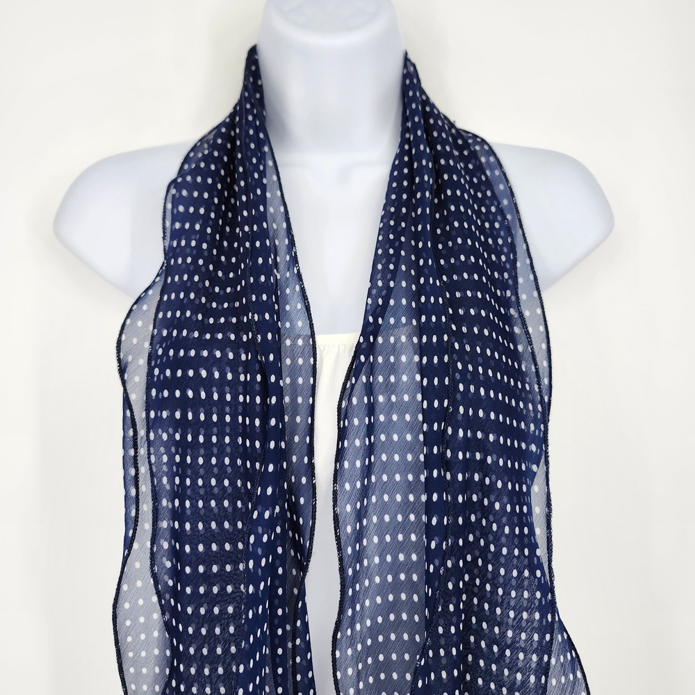 Navy White Polka Dot Chiffon Ruffle Edge Scarf OS Preppy Chic Old Money Flowy